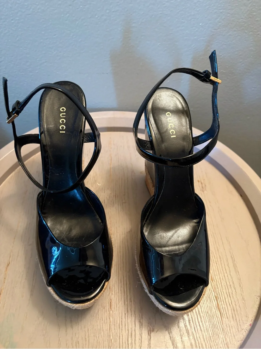 Gucci Black Patent Leather Platform Wedge Sandals